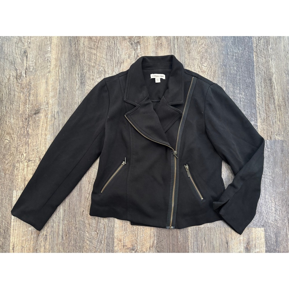 Coldwater Creek Black Asymmetric Zip Moto Jacket Petite 10 Textured Cotton Blend